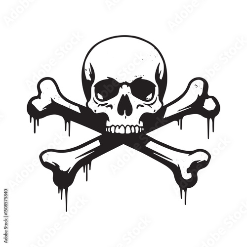 Monochrome Skull and Crossbones Drip Effect Icon for Apparel Des