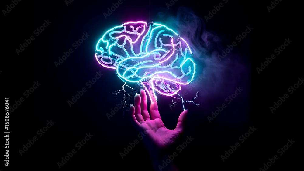 Glowing Neon Brain Concept Art Hand Mind Power Intelligence Thought Neurology Abstract Design Glowing Neon Brain Concept Art Hand Mind Power Intelligence Thought Neurology Abstract Design