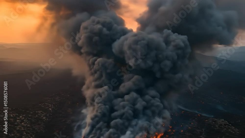 Thick black smoke from forest fire in wilderness