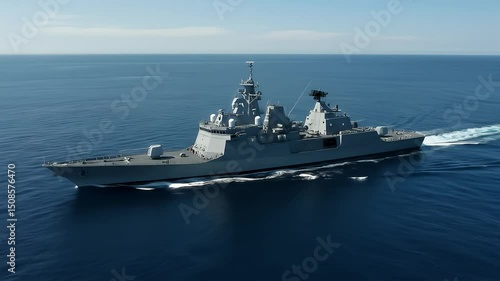 High angle view of a military naval vessel sailing on a calm sea on a clear day