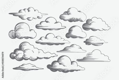 Clouds sketch. Vintage hand drawn sky background with large and small detailed cloudy shapes. Retro pencil drawing. Isolated monochrome cloudscape elements set.