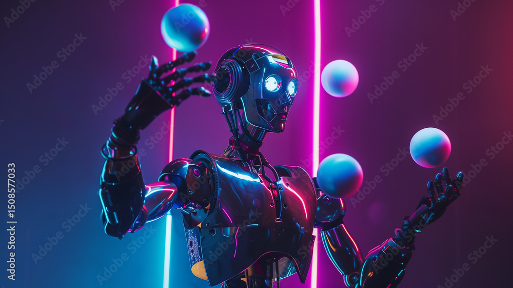 Fototapeta premium This metallic robot juggles glowing spheres, captivating the crowd with its skill and agility.