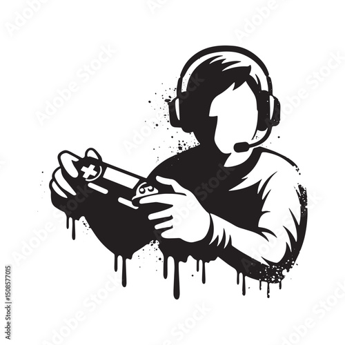 Monochrome Gaming Icon, Dripping Paint Stencil Vector Illustrati