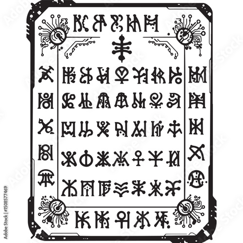 Abstract Enochian Tablet Icon with Graffiti Accents in Black and