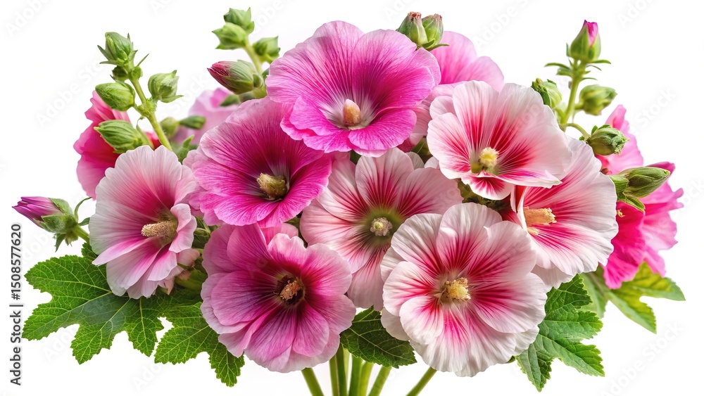 Elegant bouquet of pink Hollyhock flowers blooming in a garden on white background Elegant bouquet of pink Hollyhock flowers blooming in a garden on white background