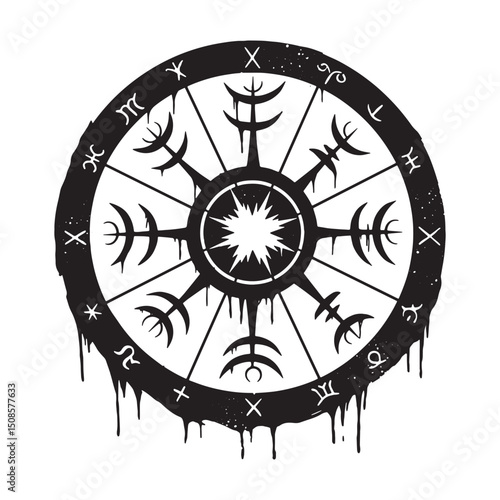Mystical Wheel of the Year Icon with Dripping Paint Effect Desig