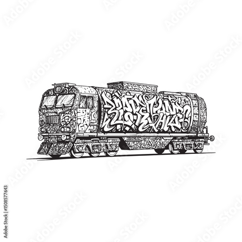 Monochrome Vector Illustration of a Cargo Train with Graffiti Ar