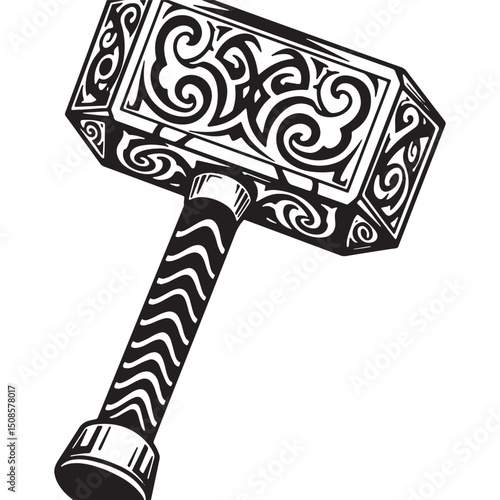 Mjollnir Thor's Hammer Icon with Tribal Tattoo Style Vector Desi