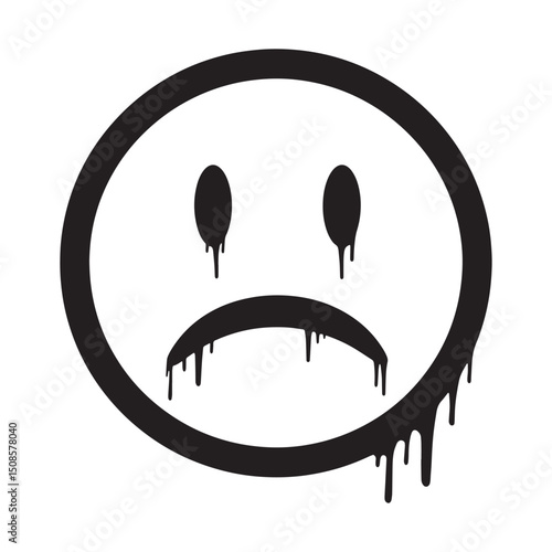 Distressed Drip, A Black and White Vector of a Sad Face Icon wit