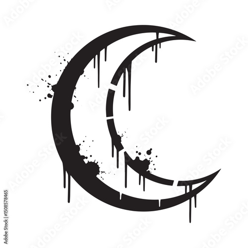 Waning Crescent Symbol with Stencil Dripping Paint Effect Vector