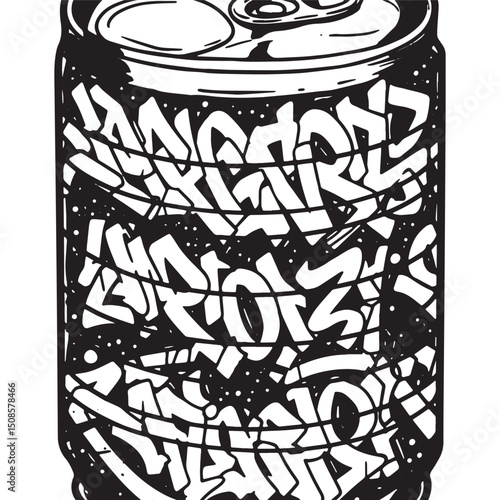 Monochrome vector illustration of a soda can decorated with graf