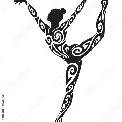 Elegant Gymnast Silhouette with Intricate Tribal Tattoo Design V
