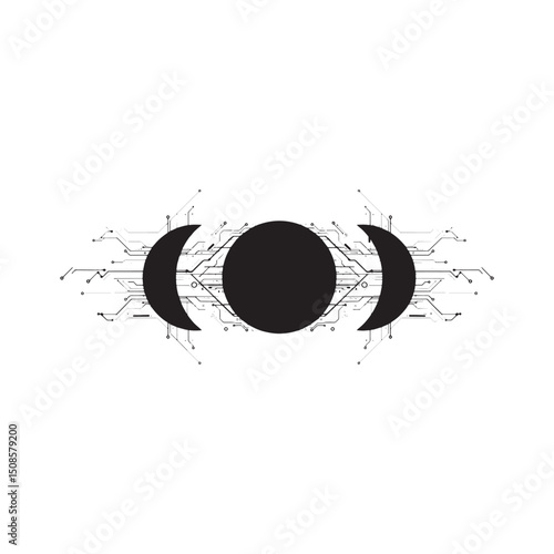 Cyberpunk New Moon Phase with Circuit Board Elements Vector Art