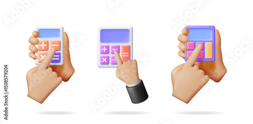 Obraz na plátně Three humanoid hands hold and use a calculator, representing business calculation, finance, and accounting