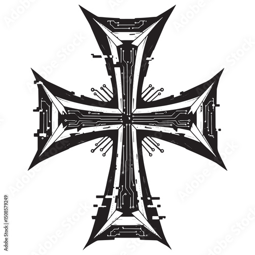 Cyberpunk Crusader's Cross, Futuristic Icon for Merchandise Appa