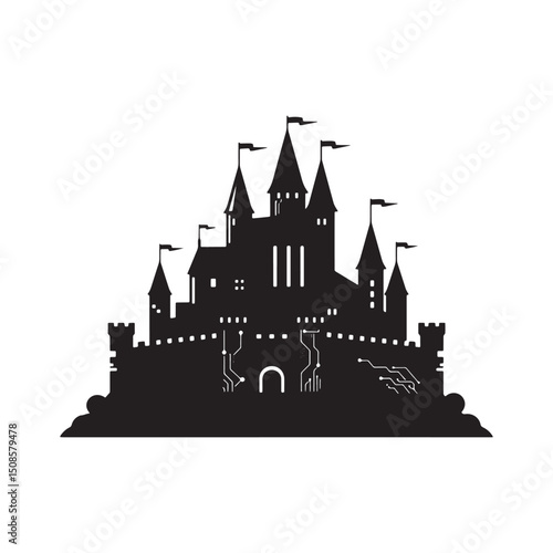 Futuristic Feudal Castle Icon with Cyberpunk Elements for Appare