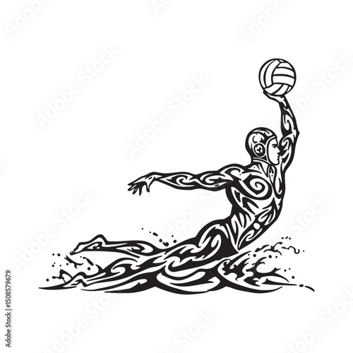Water Polo Player Tattoo Icon, Black and White Vector Illustrati