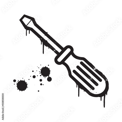 Screwdriver Icon with Stencil Dripping Paint in Black and White