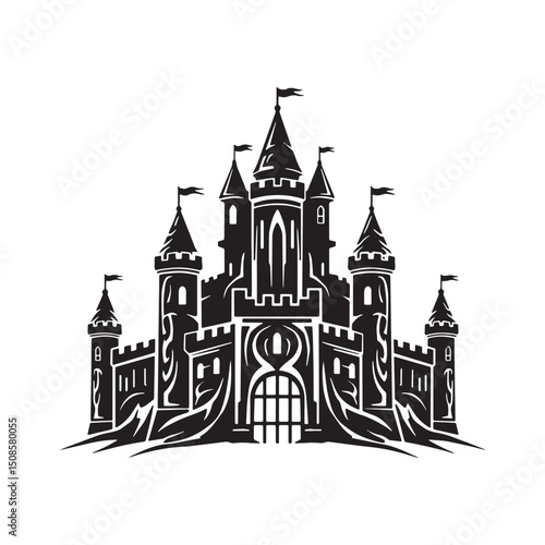 Monochrome Feudal Castle Vector Illustration with Tribal Tattoo