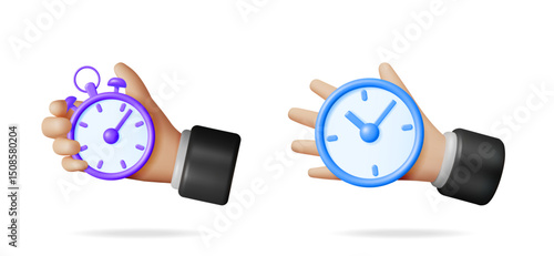 Man's hand holding a purple stopwatch and another hand holding a blue clock. Time management and deadline concept for business schedule.
