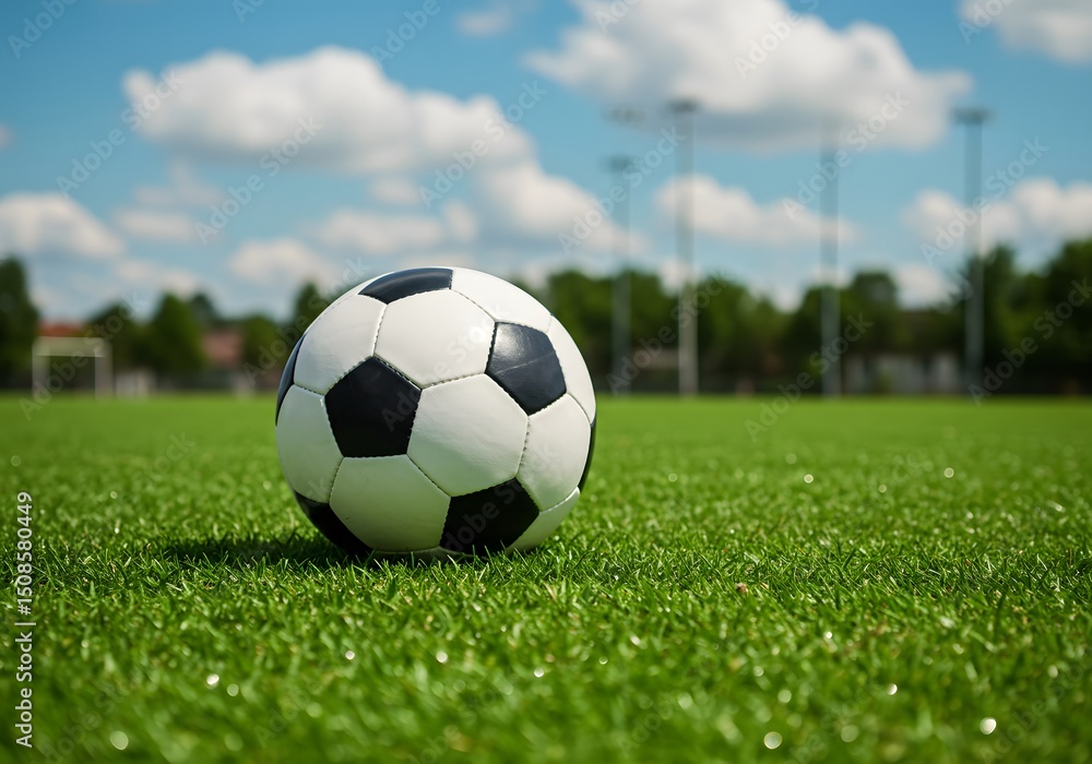 Fototapeta premium Soccer Ball on a Green Field with Blue Sky and Clouds. Football, Sport Concept, Outdoor.