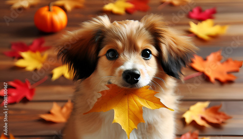 Dog Playing with Autumn leaves