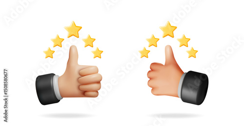 3d cartoon hands giving thumbs up with five golden stars. Best rating and quality assessment concept for product review.
