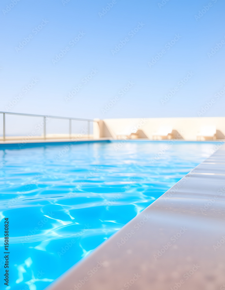 Fototapeta premium Crystal-clear, invigorating pool water in a stunning shade of blue. Serene backdrop of shimmering turquoise waves., retro style. with white shades