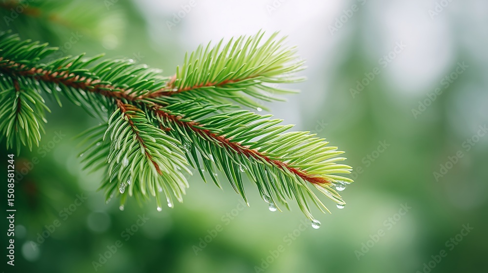 Closeup of Fresh Fir Tree Branch with Dew Closeup of Fresh Fir Tree Branch with Dew