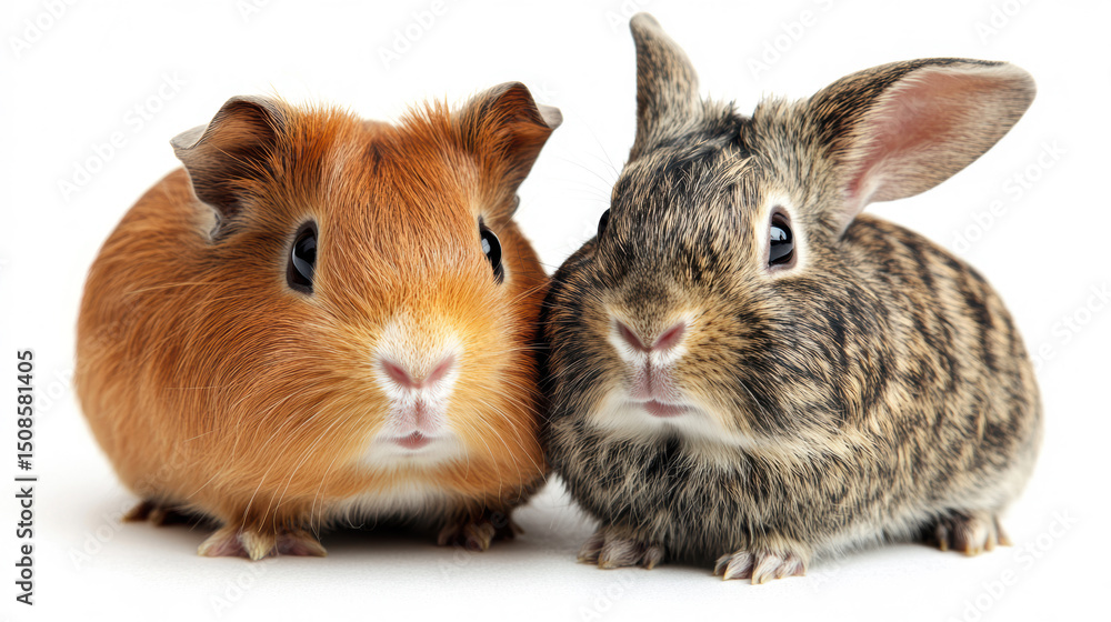 Obraz premium Studio shot of a cute guinea pig and a fluffy baby rabbit sitting side by side against a white backdrop
