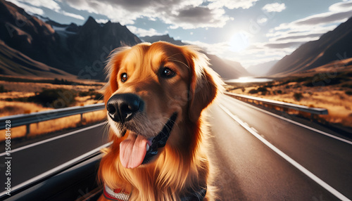 Golden retriever dog travel on road trip