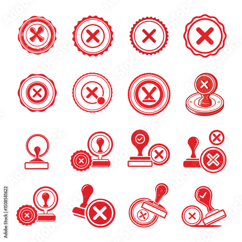 Red cross, reject or cancel stamp icons set isolated on white background