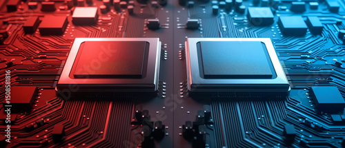 Two processors side by side on a motherboard. A close-up of two microchips on a circuit board, lit with red and blue tones symbolizing competition and technological rivalry