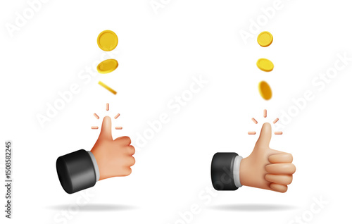Cartoon hand showing thumb up gesture with golden coin falling. Like sign and money. Financial success and profit. Business investment and online earning concept.