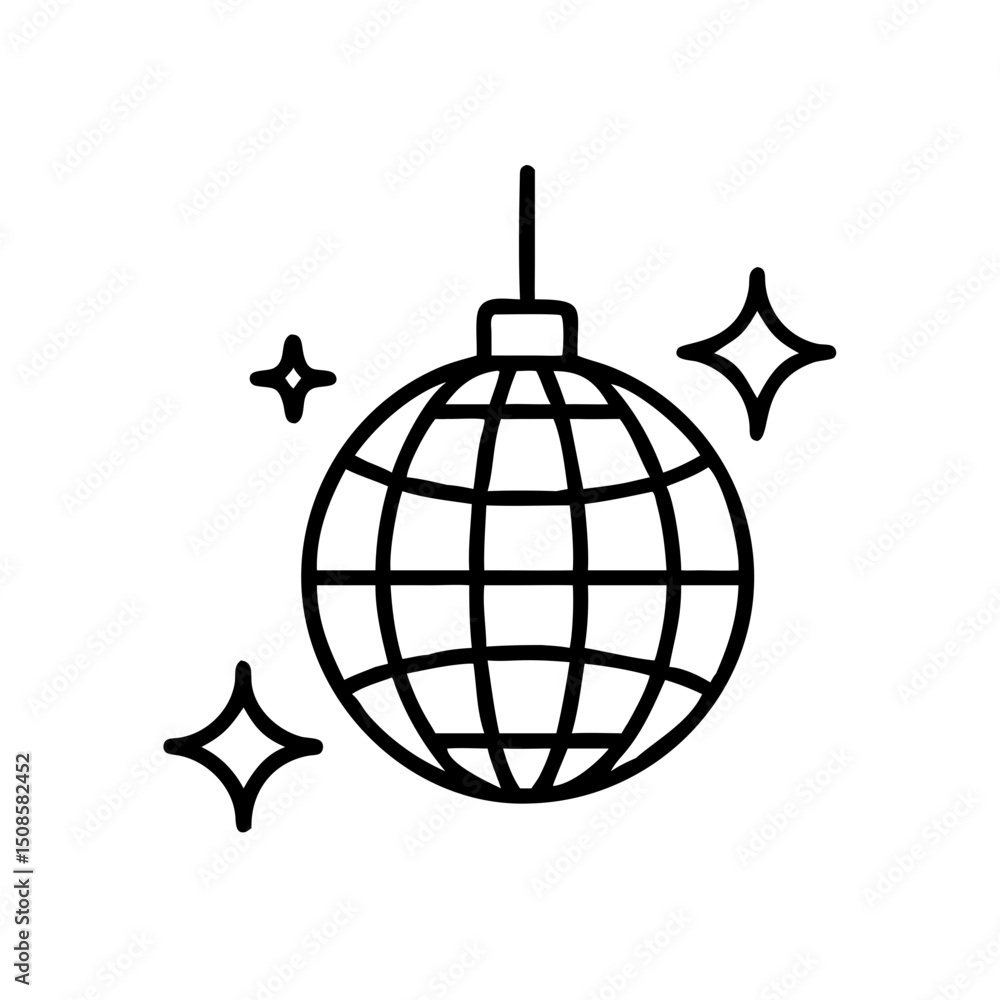Disco ball icon in outlined black and white, festive party and celebration symbol Disco ball icon in outlined black and white, festive party and celebration symbol
