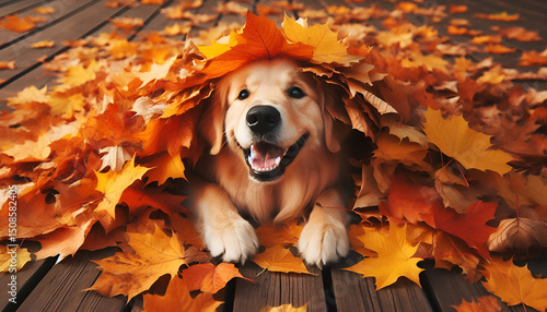 Golden Retriever Dog Playing with Autumn leaves