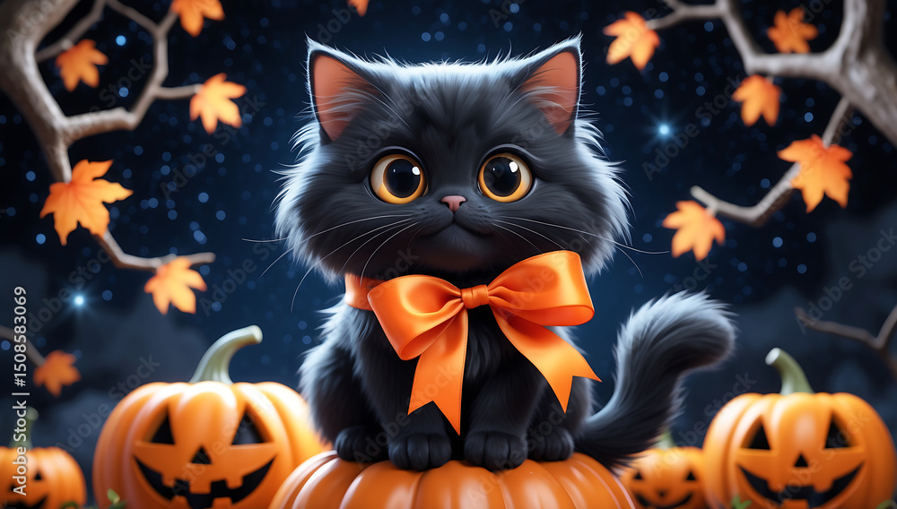 Cute black cat with big eyes, orange bow sitting on a pumpkin. In the background are pumpkins with carved faces, blurred autumn branches with leaves and a starry sky. Cute black cat with big eyes, orange bow sitting on a pumpkin. In the background are pumpkins with carved faces, blurred autumn branches with leaves and a starry sky.