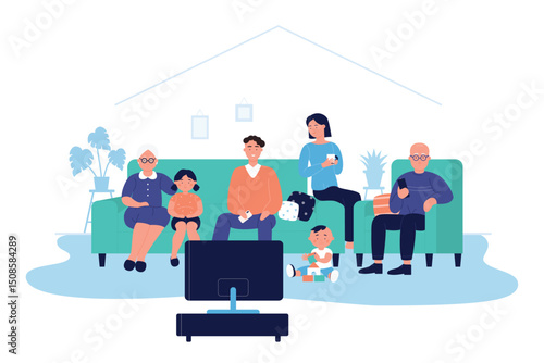 Happy big family at home vector illustration. Cartoon flat adult characters and children sitting on sofa together and watching TV news or movie in living room. Family relax in evening time background