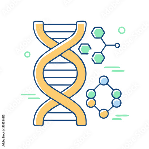 Yellow DNA strand with molecules.