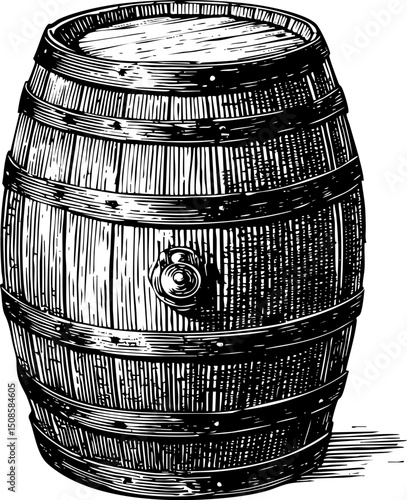 A highly detailed black and white illustration of a wooden barrel, depicted in a sketch or woodcut style, with visible staves, metal bands, and a bung.