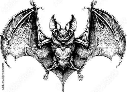 A highly detailed black and white illustration of a bat with its wings spread wide, depicting intricate textures on its body and wings, in a realistic, hand-drawn or engraved style.