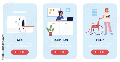 Hospital department vector illustrations. Cartoon flat mobile app website medicine banners, screen interface design with medical Mri scanner, reception service, help for disabled hospitalized patient