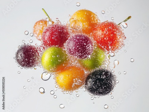 Colorful Lychee Fruits in Water with Bubbles a Refreshing and Vibrant Still Life Composition on White Background