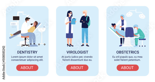 Hospital department vector illustration banner set. Cartoon flat mobile app for medicine website, screen interface design with doctor virologist, dentistry tooth healthcare, obstetric medical care