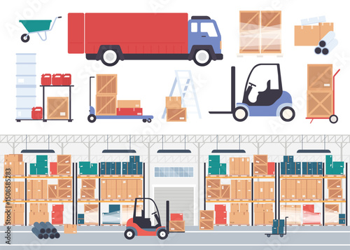 Warehouse stockroom vector illustration. Cartoon flat warehousing company storehouse interior with boxes of store goods on pallet shelves, packaging stock inventory and courier truck isolated on white