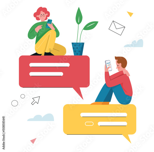 Chat messages vector illustration. Cartoon flat tiny young girl and boy characters chatting in cellphone, using mobile text messenger app on smartphone screen, online virtual dialog isolated on white