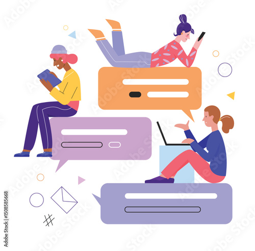 Chat friend messages vector illustration. Cartoon flat tiny young girl characters messaging, using messenger app on screens of laptop, tablet or phone. Online friendly communication isolated on white