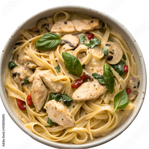 Creamy tuscan chicken pasta isolated on transparent background