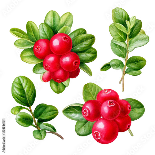  Set of cowberry with green leaves and red berries (Vaccinium vitis-idaea, lingonberry, mount png