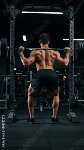 Man performing back squat exercise in gym setting for fitness and strength training